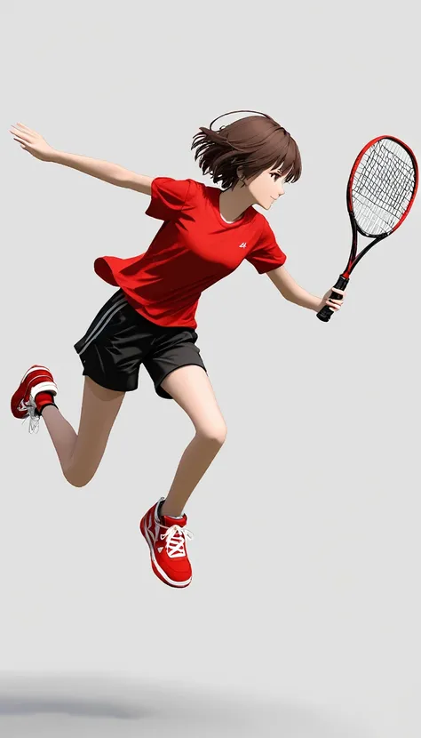 1girl， 独奏， smile， short_hair， simple_background， brown_hair， shirt， white_background， holding， full_body， short_sleeves， shoes， shorts， signature， profile， black_shorts， red_footwear， red_shirt， sneakers， jumping， racket，C4D Rendering，OC Rendering,Clarity ...