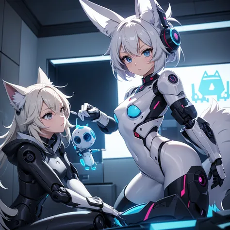 Anime image of a robot girl who has a robotic body, is in underwear and has wolf ears and a tail and is in a room 