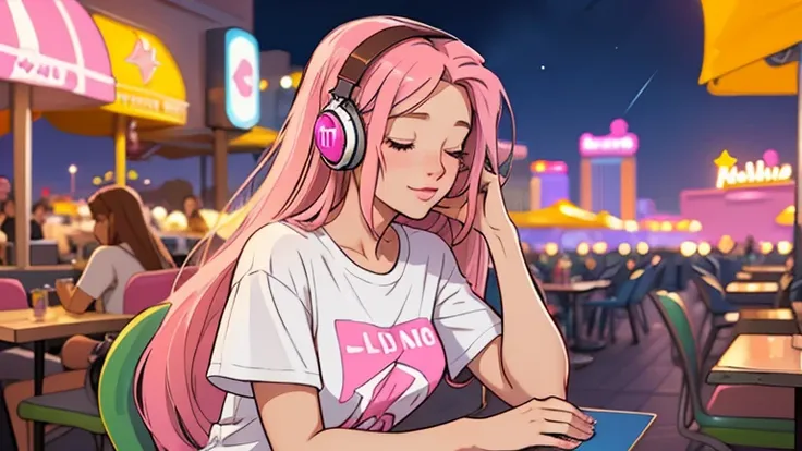 A beautiful young woman in her 20s with straight pink  midium long hair, wearing headphones, sitting on the terrace of a night cafe, looking down with her eyes closed, lofi girl, t-shirt, mood, comfortable, las vegas, In-N-Out Burger, You can&#39;t see you...