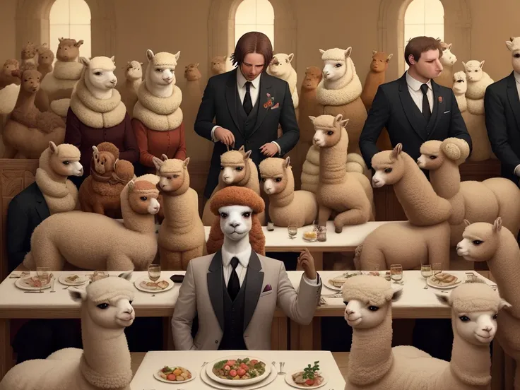 The last supper but with 6 alpacas and 7 guanacos and a pigeon in a suit all