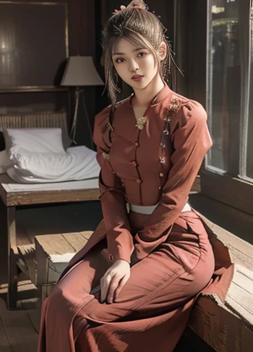 photorealistic, high resolution, masterpiec e best quality ultra-detailed, 1women. (m edium breast), hair bun, jesmine flower o n the head, mature female, solo, hips up, (wearing acmmsayarma outfit, acmmsaya rma ( Red♥️ top ) with buttons, long sleeves), (...