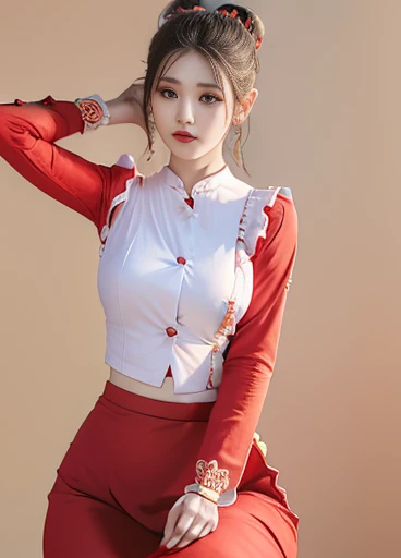 photorealistic, high resolution, masterpiec e best quality ultra-detailed, 1women. (m edium breast), hair bun, jesmine flower o n the head, mature female, solo, hips up, (wearing acmmsayarma outfit, acmmsaya rma ( Red♥️ top ) with buttons, long sleeves), (...