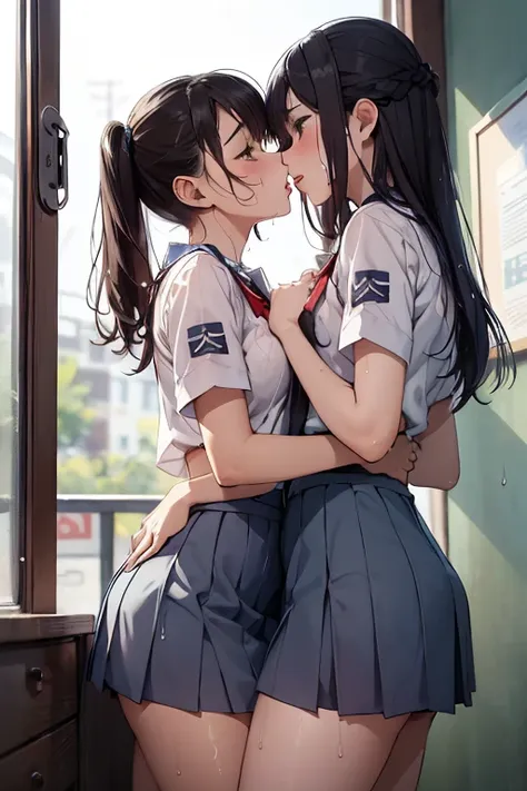 ((best quality)), ((masterpiece)), (detailed), 2 girl (indonesian high-school uniform), two girls kissing each other deep kissin...