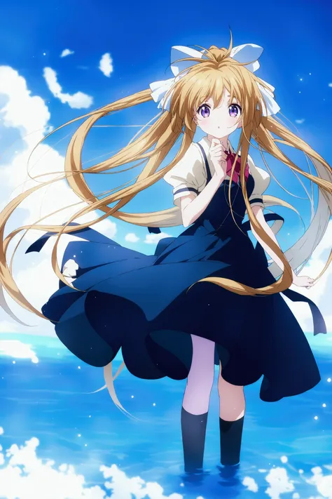 Anime Girl with long blonde hair standing in the water, blonde Anime Girl with long hair, Lolita in a skirt, Anime Girl with long hair, Anime Girl named lucy, Cute girl anime visual, Best Girl in Anime, (Anime Girl), Beautiful anime high school, Ink art an...