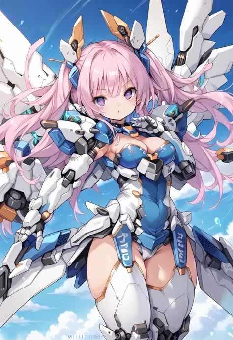 score_9, score_8_up, score_7_up, source_anime,masterpiece, best quality, high resolution, extremely detailed CG, absurdres, highres, a mecha girl with huge mecha_wings and lighted up hair flying in the sky, 1girl, solo, cleavage, thighs, looking at viewer,...