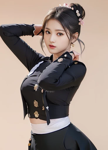 photorealistic, high resolution, masterpiec e best quality ultra-detailed, 1women. (m edium breast), hair bun, jesmine flower o n the head, mature female, solo, hips up, (wearing acmmsayarma outfit, acmmsaya rma (black top ) with buttons, long sleeves), ((...