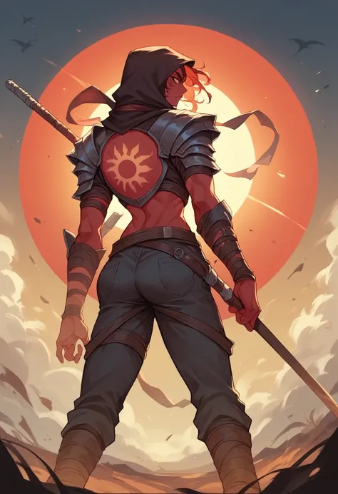 Back view of an assassin woman on a battle field covered by corpses. The sky is colored by a red sun set