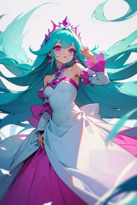 Woman in white princess dress, Fuchsia eyes and long turquoise hair