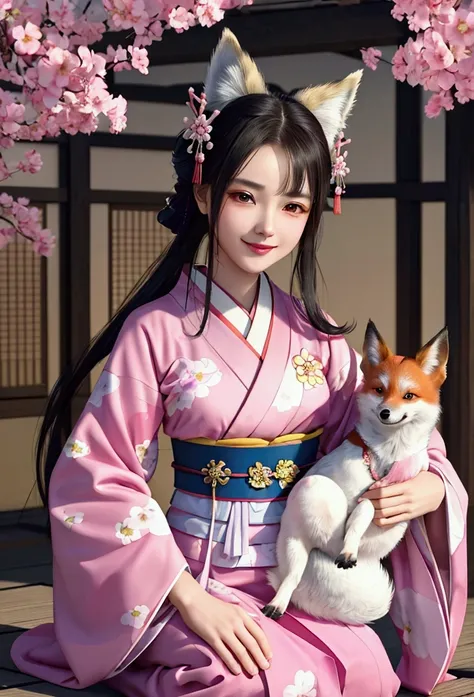 a woman in a kimono is holding a small dog,one girl,alone, official art of a happy smiling face, unity 8k wallpaper, super detai...