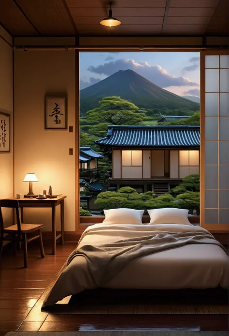 
A Japanese countryside village bathed in the soft glow of twilight after a rain shower. The scene is viewed from a cozy room with warm, inviting lights illuminating the space. A plush, inviting bed is positioned near a large window overlooking the picture...