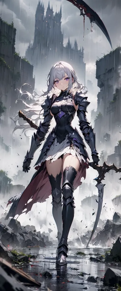 a stormy rainy day, 1girl, anime style, wearing knights armor, holding a very large black scythe, white hair, purple eyes, blood soaked, beautiful detailed scythe, full body shot, solo, battlefield background, dramatic lighting, cinematic composition, 8k, ...