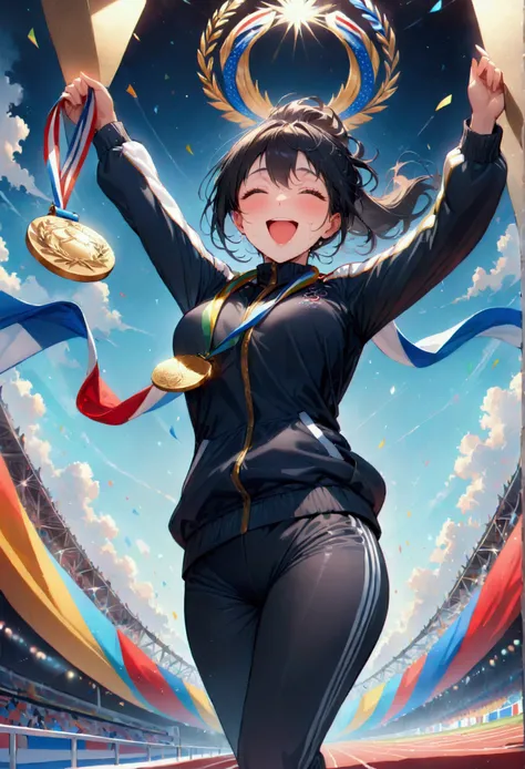 awards ceremony, gold medal worn around the neck, showing the gold medal, open mouth, happy, (masterpiece:1.2), best quality, high quality, Highres, (hyper detailed), Olympic, athlete, track suit,