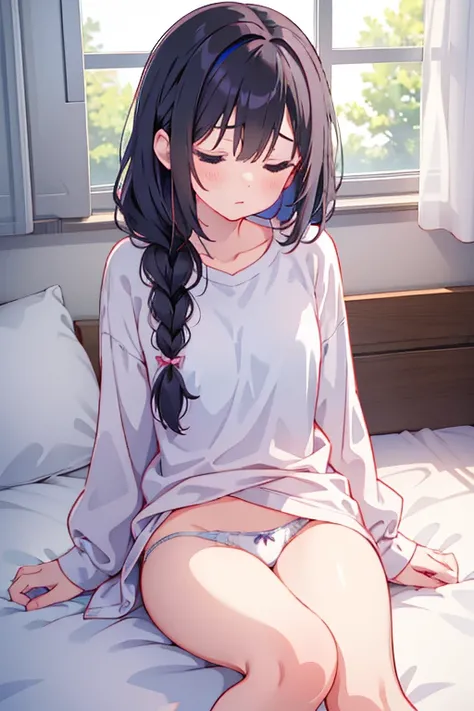 Sleeping on the bed、Girl with black braided hair、LargeＴWearing a shirt、White panties are visible、Morning sun shining through the window、Still sleepy、An ennui look、Anatomically correct