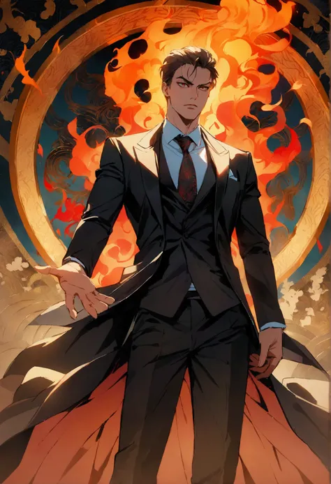 (best quality), Oriental detailed background, The man in the black suit has the power of flame