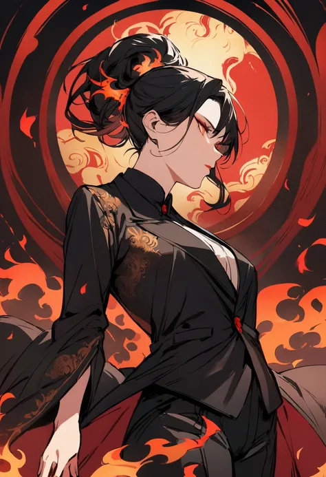 (best quality), Oriental detailed background, The man in the black suit has the power of flame