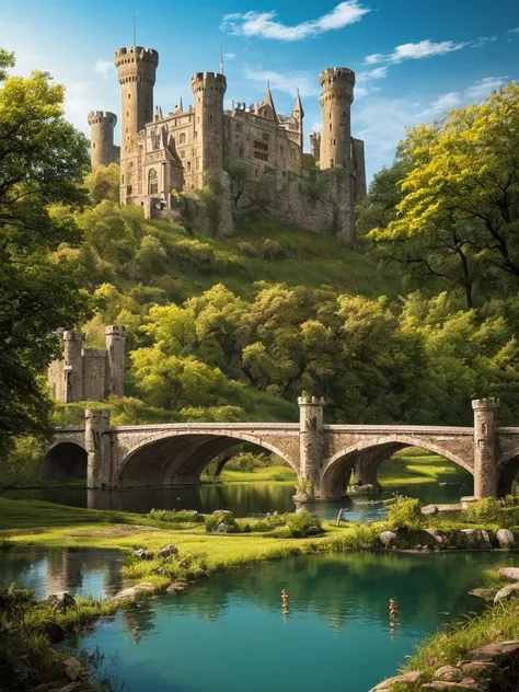 arafed castle with a pond and a bridge in front of it, a matte painting by Karl Hagedorn, flickr, renaissance, abandoned castle, located in a castle, beautiful castle, very far royal steampunk castle, abandoned castle in the sky, victorian castle, gothic c...