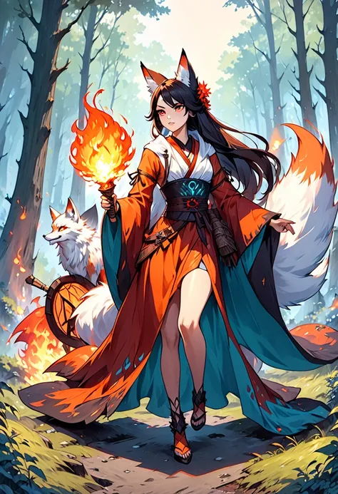 A woman is standing in the forest, Evil fire sorceress in the forest, Epic girl magician character, Dark Fox Mage, kitsune style armor, fox and bush, appears as the goddess of fire, forest hunter lady, Kitsune holding the torch, Fox, sorceress throws a fir...