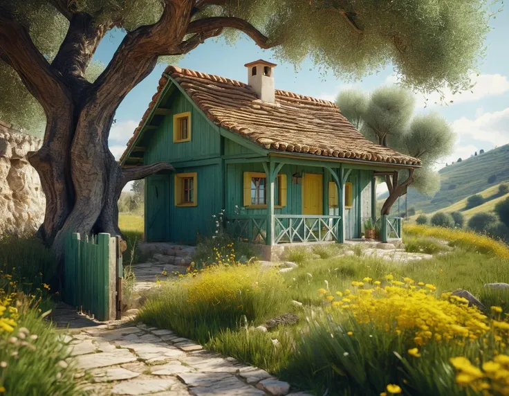 medium shot close up of a cozy and whimsical small house with a big covered porch, in the countryside shaded by an olive tree with a brown roof, with blue window and door, windowsill decoraed with small potted plant, the house is behind a worn wire fence w...