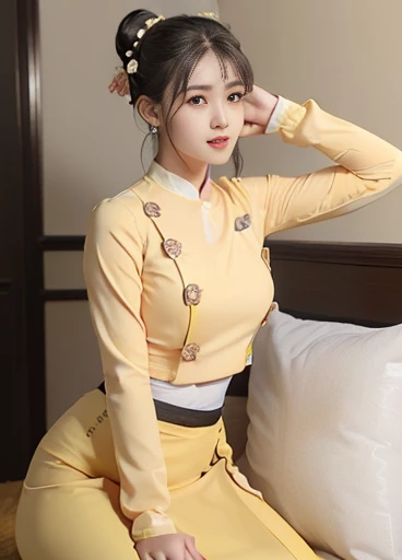 photorealistic, high resolution, masterpiec e best quality ultra-detailed, 1women. (m edium breast), hair bun, jesmine flower o n the head, mature female, solo, hips up, (wearing acmmsayarma outfit, acmmsaya rma (yellow top ) with buttons, long sleeves), (...