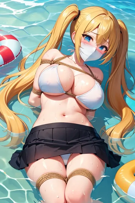 2 girls, (detailed blue eyes, lange wimpern, detailed beautiful face:1.1), 4k quality, twintails, Haare Seiten nach oben, (Long blonde hair:1.4), (arms behind back:1.3), (big breasts:1.5), Red rope, (blushing:1.3), erina nakiri, long hair, orange hair, hai...