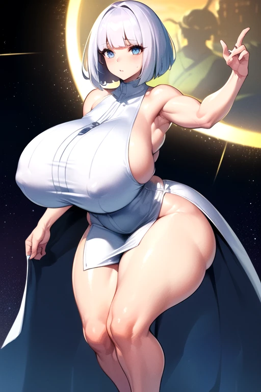 ((Highest quality)), ((masterpiece)), (detailed), 
((huge breasts:1.4))
((Very thick thighs:1.4))
((Very fleshy young woman:1.4))
(Tall)
(Short White hair)
(bob hairstyle)
Blue eyes
Standing
((White tight dress))
(sleeveless)
(((Shoot from front)))
Japanes...