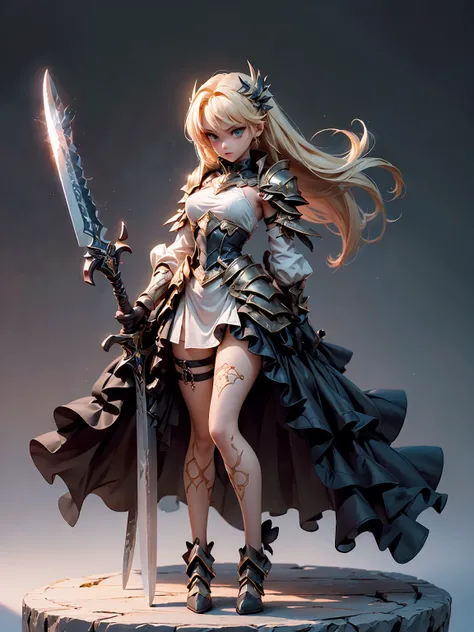 Design a layout showcase Gaming character, (1girl). Golden+Purle clothes, stylish and unique, ((showcase weapon:1.4)), magic staff, (masterpiece:1.2), (best quality), 4k, ultra-detailed, (Step by step design, layout art:1.5), (luminous lighting, atmospheri...