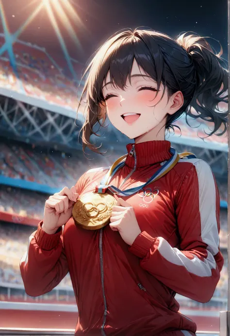 awards ceremony, showing the gold medal, happy, (masterpiece:1.2), best quality, high quality, Highres, (hyper detailed), Olympic, athlete, track suit, upper body,