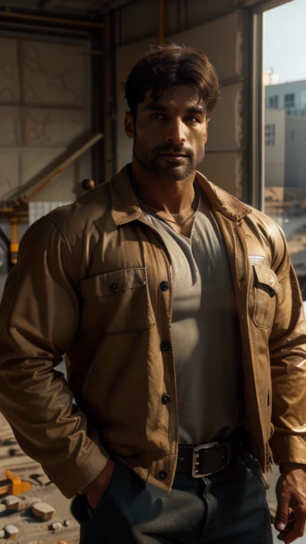 (a man:1.1) A Man weared construction worker jacket at construction site((Hight Quality))  (construction site), ((best quality,4k,8k,highres, perfect brown eyes