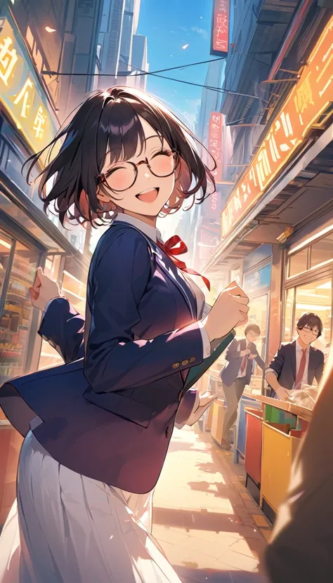 A high school girl with black short bob hair, Glasses,Red ribbon,wearing a navy blazer ,Happy smile,Moving,Happy atmosphere
