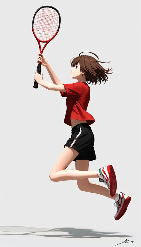 1girl， 独奏， smile， short_hair， simple_background， brown_hair， shirt， white_background， holding， full_body， short_sleeves， shoes， shorts， signature， profile， black_shorts， red_footwear， red_shirt， sneakers， jumping， racket，C4D Rendering，OC Rendering,Clarity ...