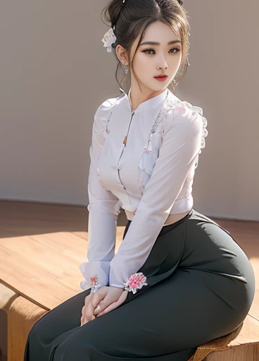 photorealistic, high resolution, masterpiec e best quality ultra-detailed, 1women. (m edium breast), hair bun, jesmine flower o n the head, mature female, solo, hips up, (wearing acmmsayarma outfit, acmmsaya rma ( ♥️ top ) with buttons, long sleeves), ((ac...