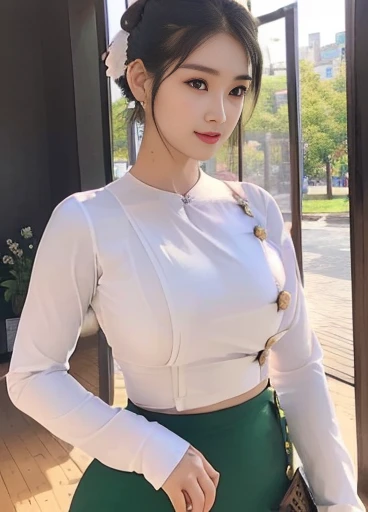 photorealistic, high resolution, masterpiec e best quality ultra-detailed, 1women. (m edium breast), hair bun, jesmine flower o n the head, mature female, solo, hips up, (wearing acmmsayarma outfit, acmmsaya rma ( ♥️ top ) with buttons, long sleeves), ((ac...