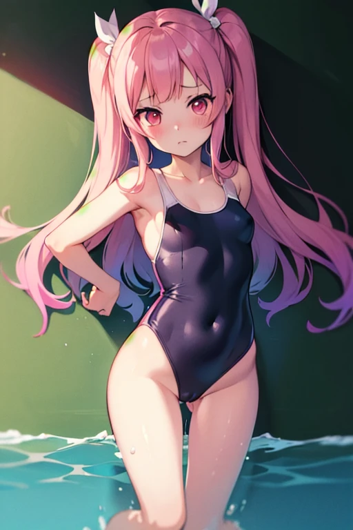 masterpiece,Best Quality,Upper part of the body,1 girl,transparent one piece swimsuit,Gradient,chalkboard (half),takes partially underwater,hime cut,small breasts,pink eyes,despair,Wide plan,NSFW