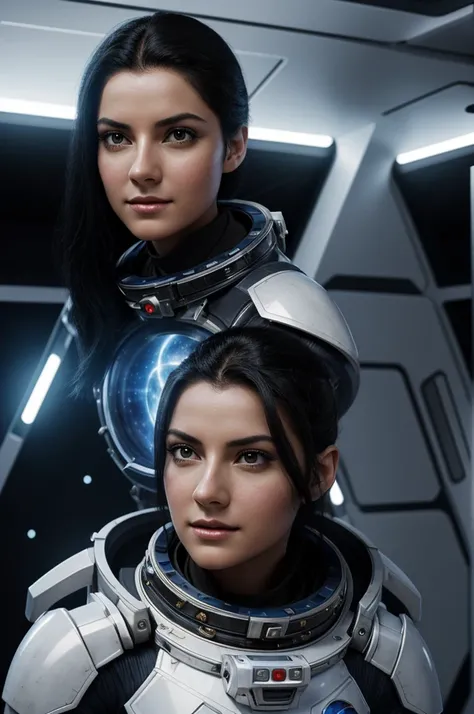 Beautiful and charming young space warrior, 24 years, black hair, bright Eyes, sweet expression, with the face of Ivonne De Carlo, a futuristic alternate reality, A space ship, a Photorealistic 3D, be careful in the details of the setting, shadows and ligh...