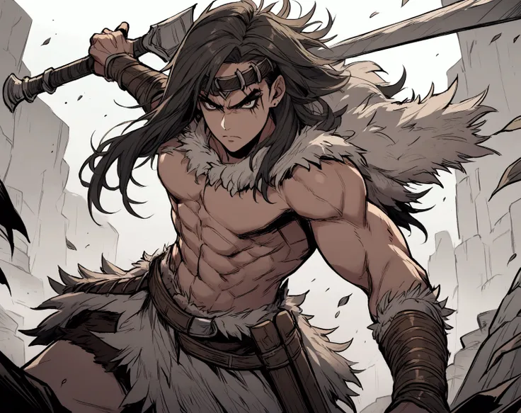 a barbarian, RPG, serious tone