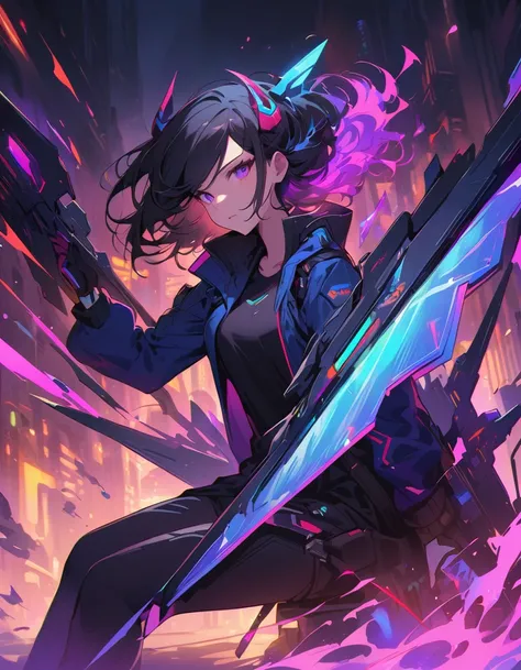 Cyberpunk girl with futuristic appearance, with mechanical wings and horns, sitting in a dynamic pose. She has dark hair with neon highlights, she is wearing a black outfit and a blue jacket.. The background is simple, Bright., Neon cityscape with blue and...