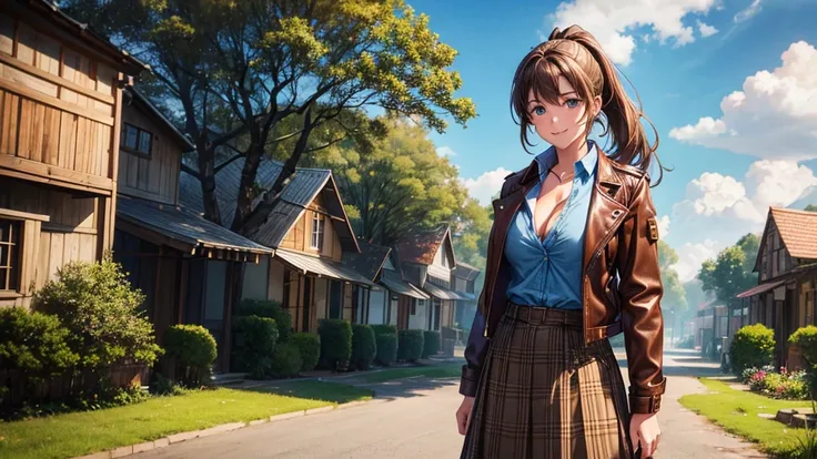 1girl, solo, village, trees, sun, clouds, ((brown hair)), ponytail, large breasts, ((brown leather jacket)), button down shirt, ((blue checked shirt)), ((unbuttoned shirt)), unbuttoning buttons, cleavage 1:3, green eyes, long skirt, brown boots, smile, hap...