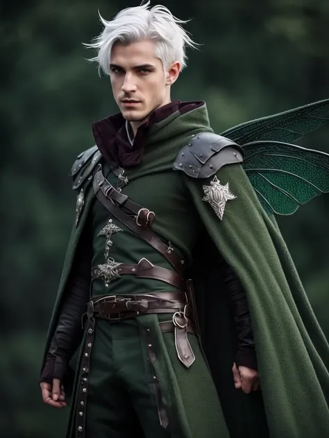 Make a male fairy, with dragonfly wings pointing to the ground, gray wings with black details.
White hair with dark green details, but the green hair is kind of hidden with the white hair in front of the green.
The eyes are completely black with a burgundy...