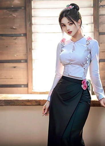 photorealistic, high resolution, masterpiec e best quality ultra-detailed, 1women. (m edium breast), hair bun, jesmine flower o n the head, mature female, solo, hips up, (wearing acmmsayarma outfit, acmmsaya rma ( ♥️ top ) with buttons, long sleeves), ((ac...