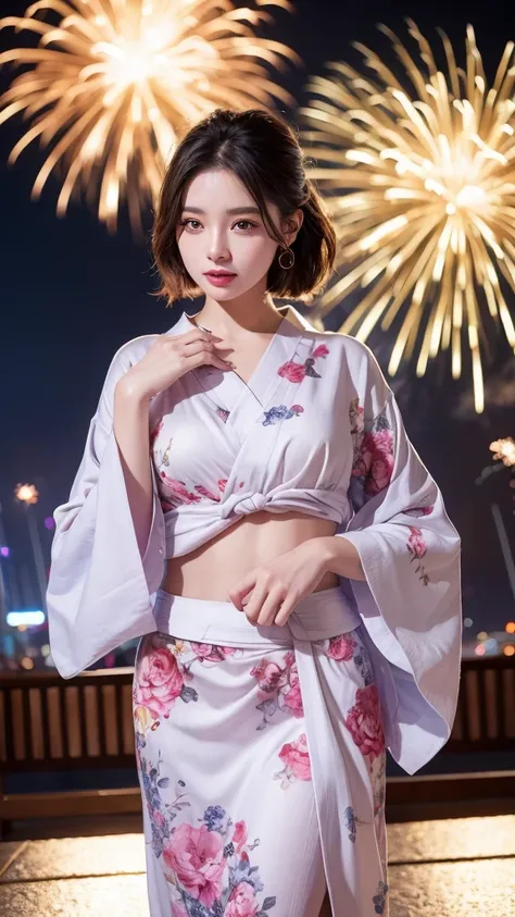 Highest quality（４K）、Realistic、Like the picture、One woman、cute、Beautiful woman、Delicate body type、20-year-old、Luxurious floral yukata、Black Hair、Shortcuts、Summer festival、night、Fireworks display、Watch the fireworks