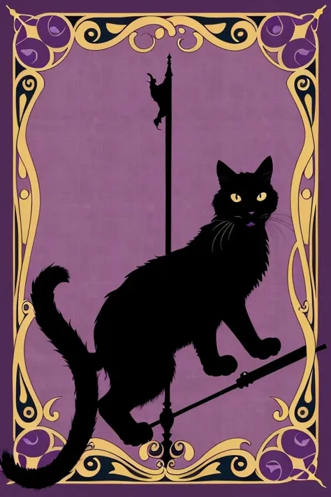 medieval banner, with a purple background and a black cat symbol
