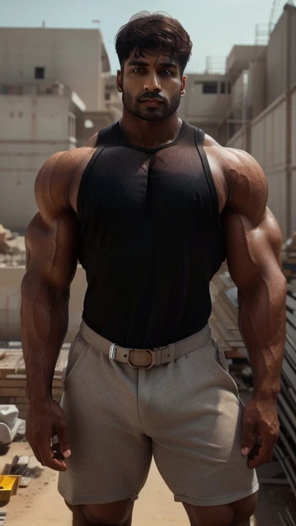 (a man:1.1) A indian Man weared tight gym wetty tank and underwear at construction site((Hight Quality))  (construction site), ((best quality,4k,8k,highres, perfect brown eyes