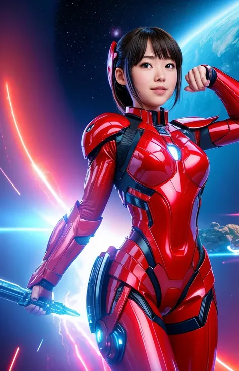 (raw photo, of the highest quality), (realist, Photoreal:1.3), 1 girl、realistbody、strawberry battle suit costume、Meteor shower from space、Battle against reptilian aliens、shield and ray gun、smile