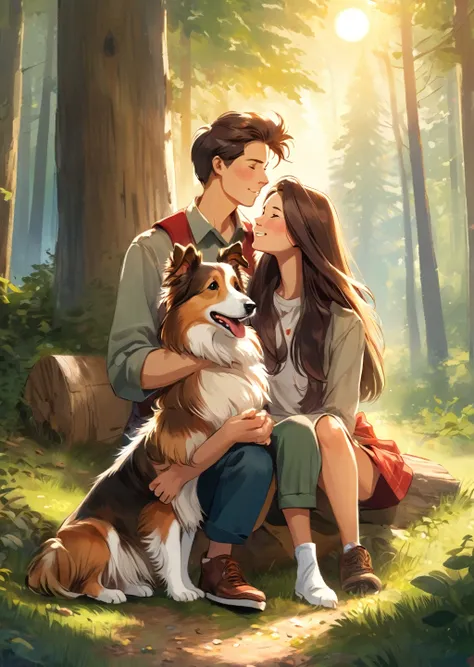 Forest cabin.

young couple. man Woman.
sheltie dog
joy
luck
chill
sun
love.
holiday