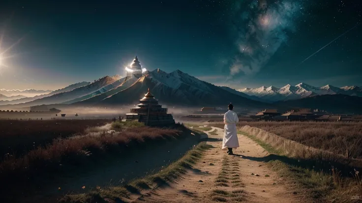 China-style，In the distance, A huge tall Buddha statue stands in space，Gaze at the earth，Standing Buddha statue，with light glowing，Glow effects，A pilgrim walking on the road faces the Buddha statue，Hyper-realistic，Ultra photo realsisim，Real Photographics，8...