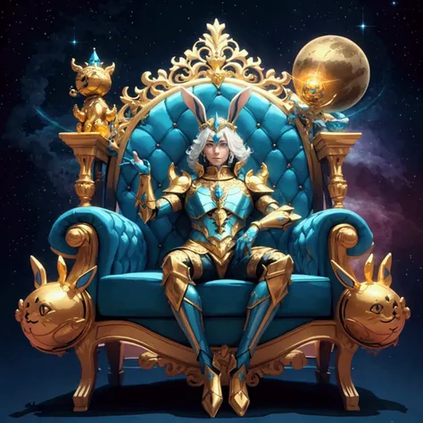 a majestic time deity with an anthropomorphic rabbit appearance, wearing intricate, glowing blue-accented armor, sitting on a golden throne with an intricate time staff, set against a vibrant, otherworldly landscape with swirling celestial bodies