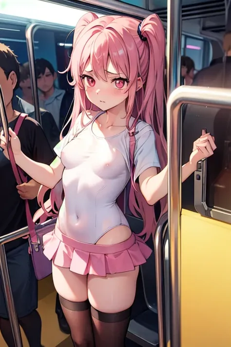 masterpiece,Best Quality,Upper part of the body,1 girl,transparent one piece swimsuit, loose t-shirt, small revealing skirt,on a crowded train,small breasts,pink eyes,despair,Wide plan,NSFW