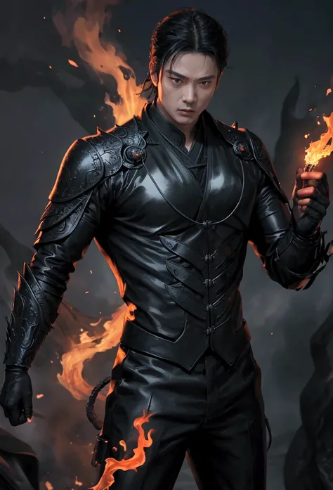 (best quality), Oriental detailed background, The man in the black suit has the power of flame