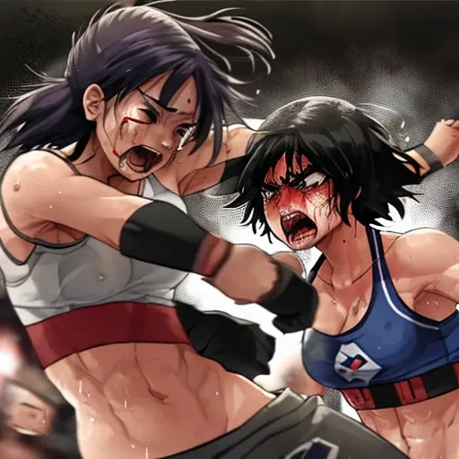 two females are fighting. a bloody japanese girl fighter and a lady fighter is fighting in the octagon ring. the lady is attacking  the girl by uppercut. the lady is punching the girls face so hard in a series . the girl has no energy. the girl is crying a...