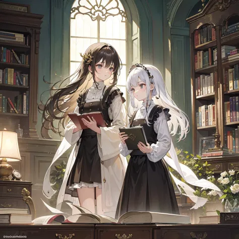 "Create an ultra-high resolution digital illustration in the style of a masterful watercolor painting, depicting a serene and intimate scene of two sisters in a grand, enchanting library. The illustration should seamlessly blend the soft, emotive quality o...